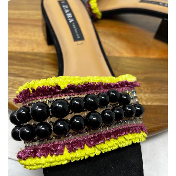Zara Sandals Womens Black Hand Beaded Fringed Mule Slide Sandals‎ Size 41 - Picture 7 of 9